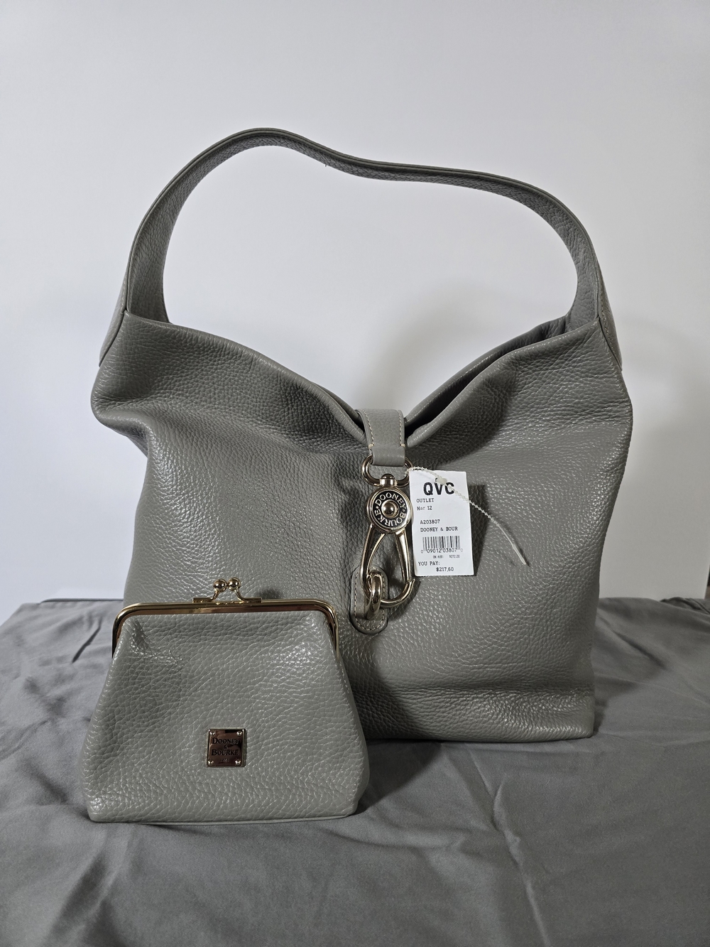 QVC Gray Pebbled Leather Shoulder Bag with Matching Coin Purse
